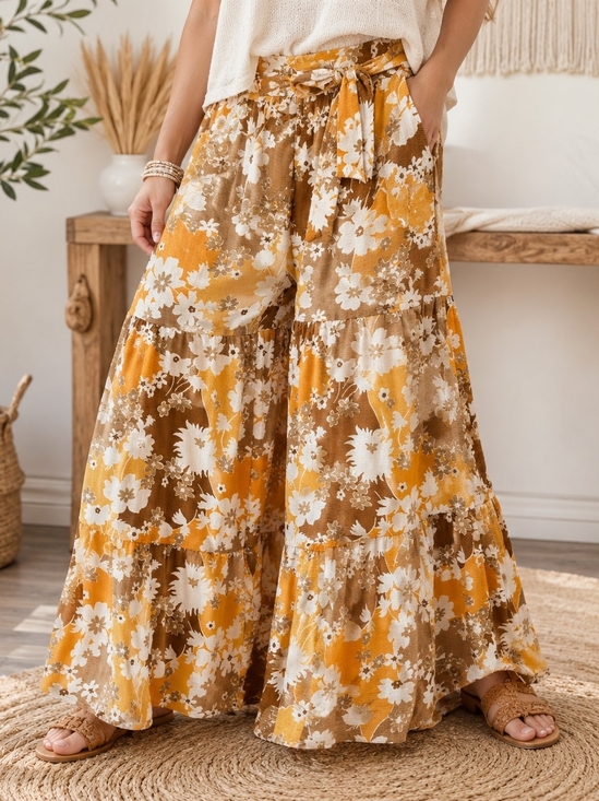Cato Pants - Cato Floral Tiered Wide Leg Palazzo Pants XS Boho Tie Waist